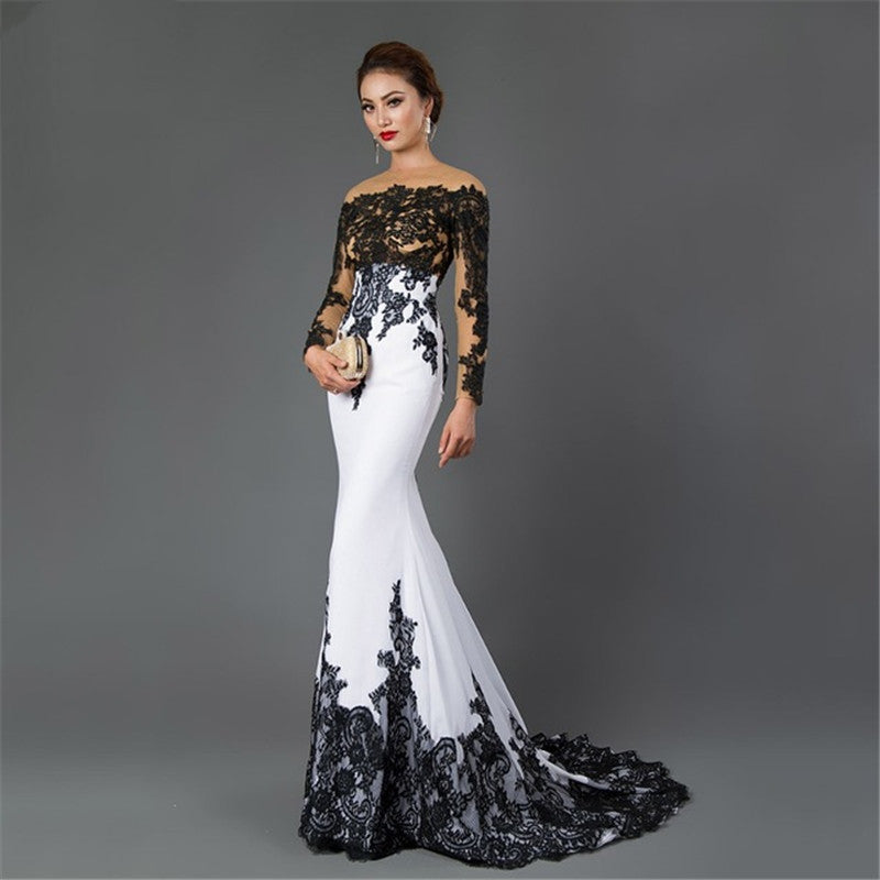 Statements, White Black Is Lace Embroidered Off-Shoulder Slim Fishtail Formal Women&