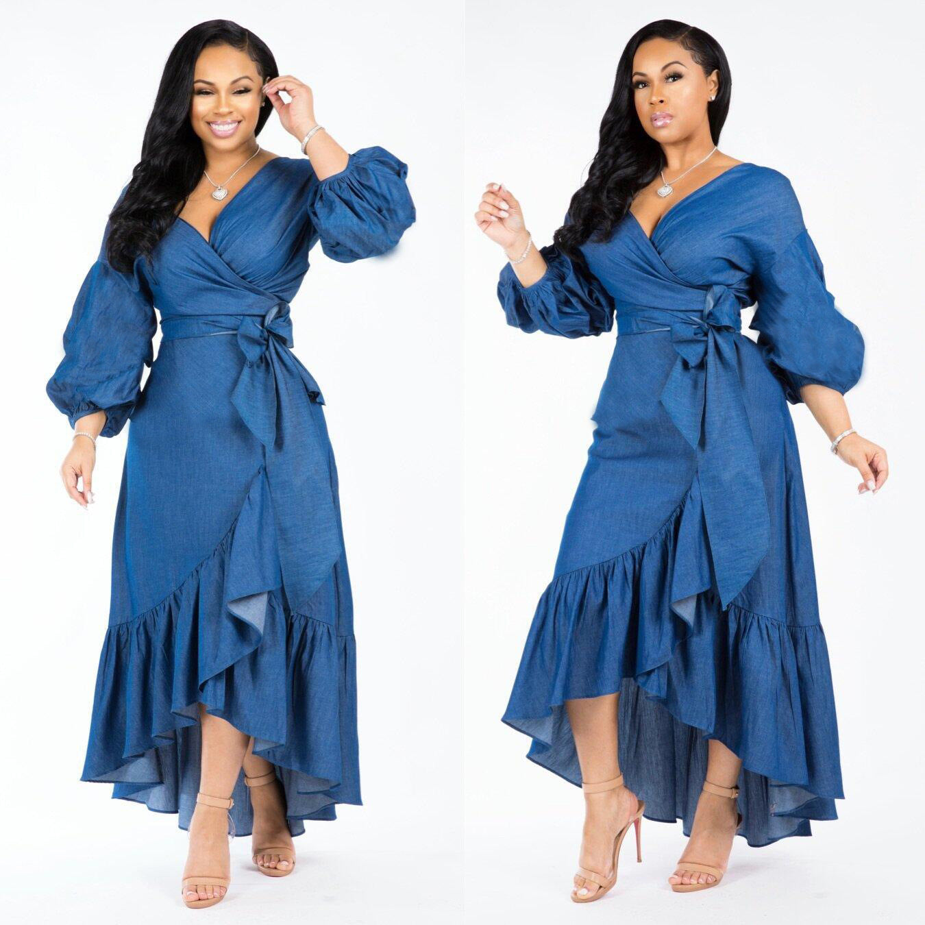 Ruffled Lantern Sleeves V-neck Denim Dress