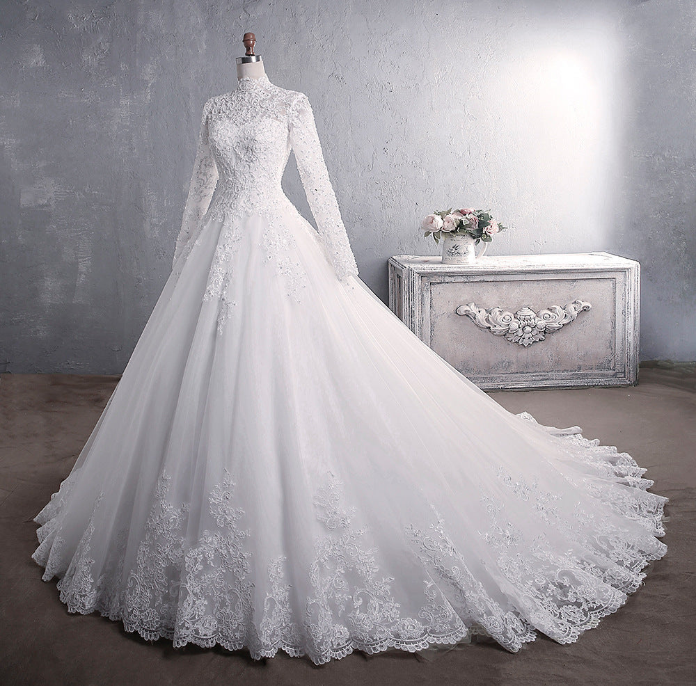 Cherish, Long-Sleeved  Lace Bodice High Collar  Bridal Wedding Dress (Large Size)