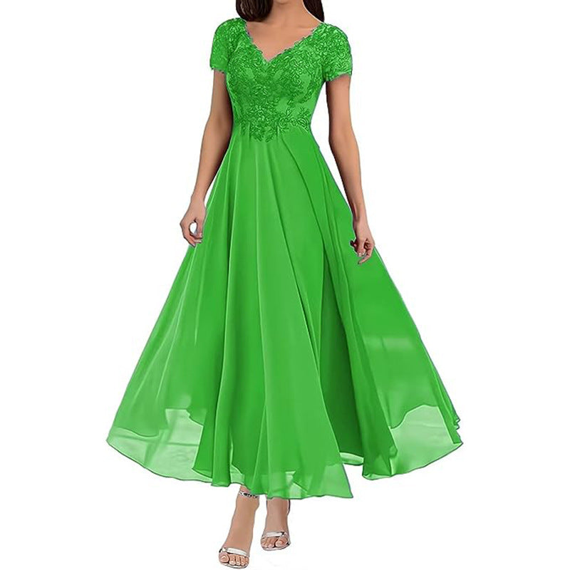 Bellia, New Short Sleeve Lace Bodice Classy Long Bridesmaid/Evening Dress (Plus Sizes)