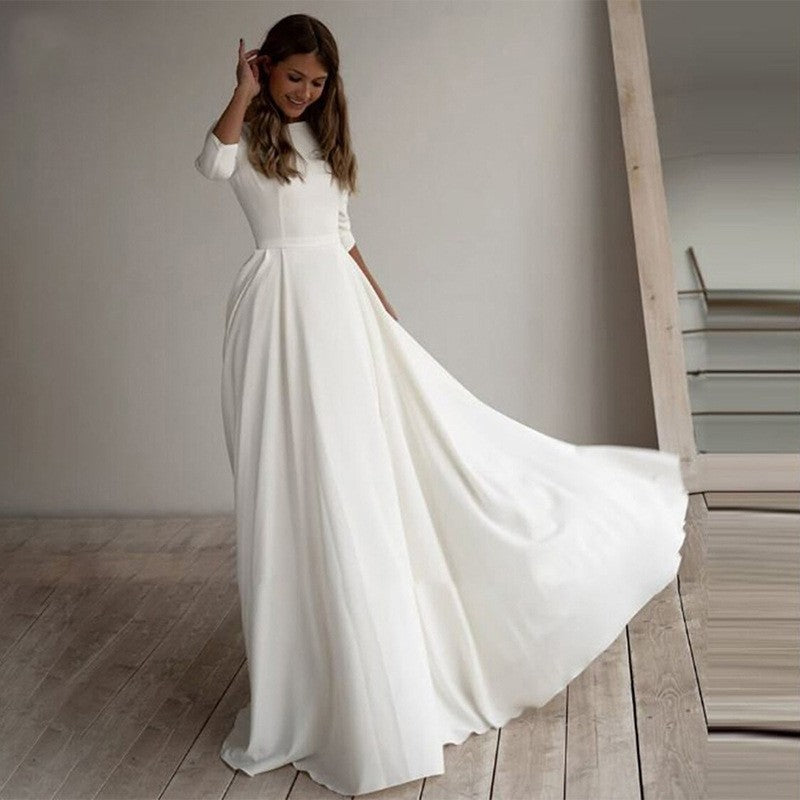 The Minimalist, Lovely Long Three Quarter Sleeve Wedding / Evening Dress with Pockets