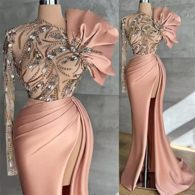 Empress,  High Profile Evening Dress, Waist Cinching Long Sleeve Sequined Bodice with High Split