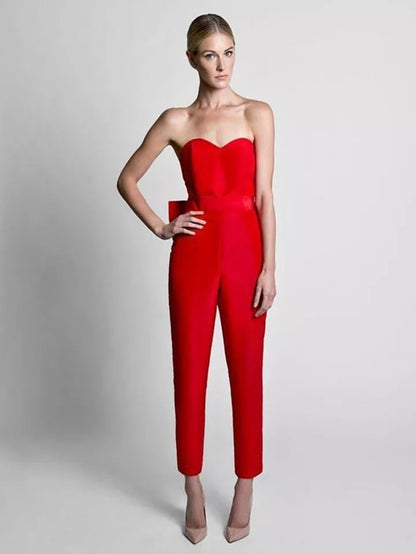 Couture, Gorgeous Red Jumpsuit for Evening with Detachable Long Formal Skirt