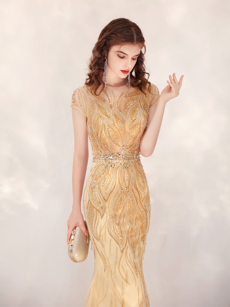 Glory, Fishtail Evening Dress Gold with Modest Train, Host/Event Evening Gown