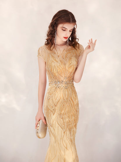 Glory, Fishtail Evening Dress Gold with Modest Train, Host/Event Evening Gown