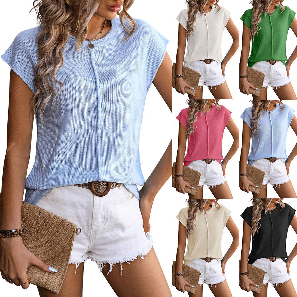 Knitted Up, Round Neck Short Sleeve Top, Summer Casual Loose Front Stitch Womens Blouse