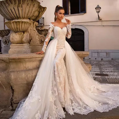 Darla, Stunning Mermaid Sweetheart Neckline Long Sleeve Detachable Train 2 in 1 Lace Wedding Gown