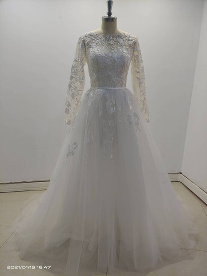 Vineyard, Lovely Whimsical  Bridal Gown with Floral Embroidered Long Sleeve Sheer Top