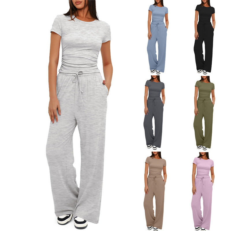 After Hours, 2pcs Solid Color Casual Sports Short-sleeved Top And High-waisted Drawstring Wide-leg Pants Set For Women