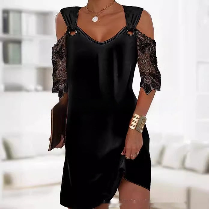 Elevated Summer Sophistication,  Loose V-neck Shoulder Strap intricate Lace Sleeve Mini Dress for Ladies