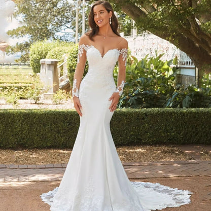 Forever, Long Sleeve Backless Lace Fishtail Wedding Dress