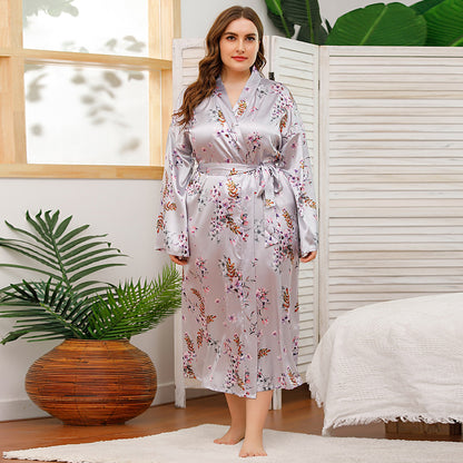 Camise, Long Robes For Women Flower Print Bathrobe V-neck Silk Sleepwear