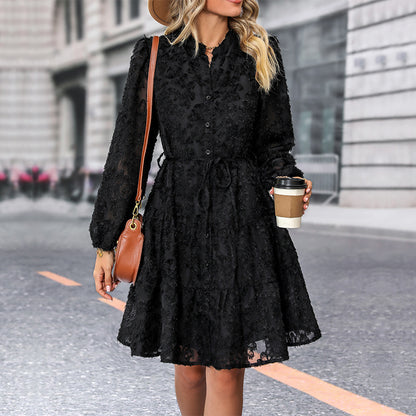 Paulina, Lace Tied Button Down Long Sleeve Dress, Fashion Medium Length Dress for Women