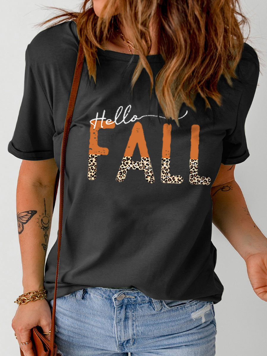 Hello-T, Black or White Fall Leopard Print Funny Pattern Printed T-shirt