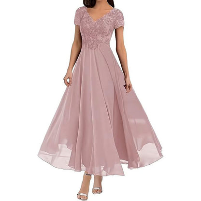 Bellia, New Short Sleeve Lace Bodice Classy Long Bridesmaid/Evening Dress (Plus Sizes)