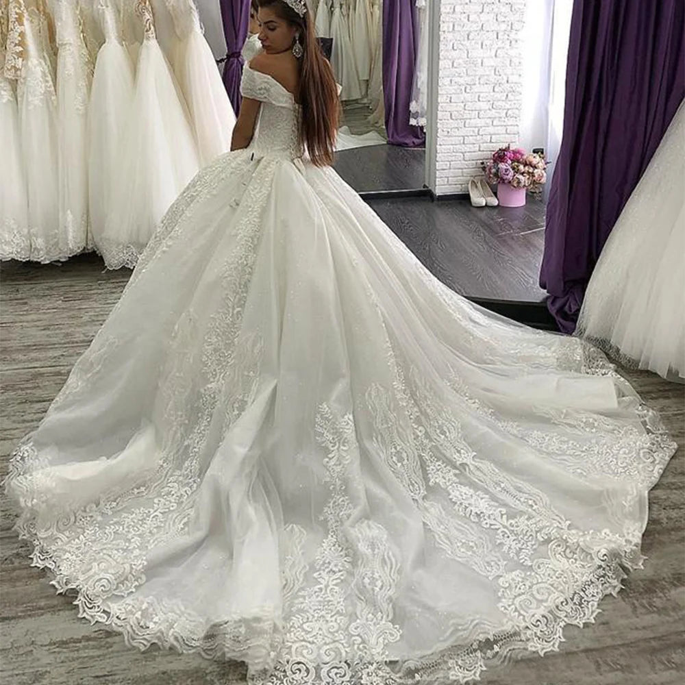 Arabian Lace Wedding Dress, Off the Shoulder Sequins Beaded Chapel Train Wedding Gown