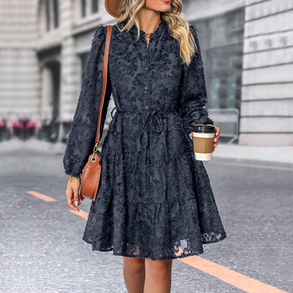 Paulina, Lace Tied Button Down Long Sleeve Dress, Fashion Medium Length Dress for Women