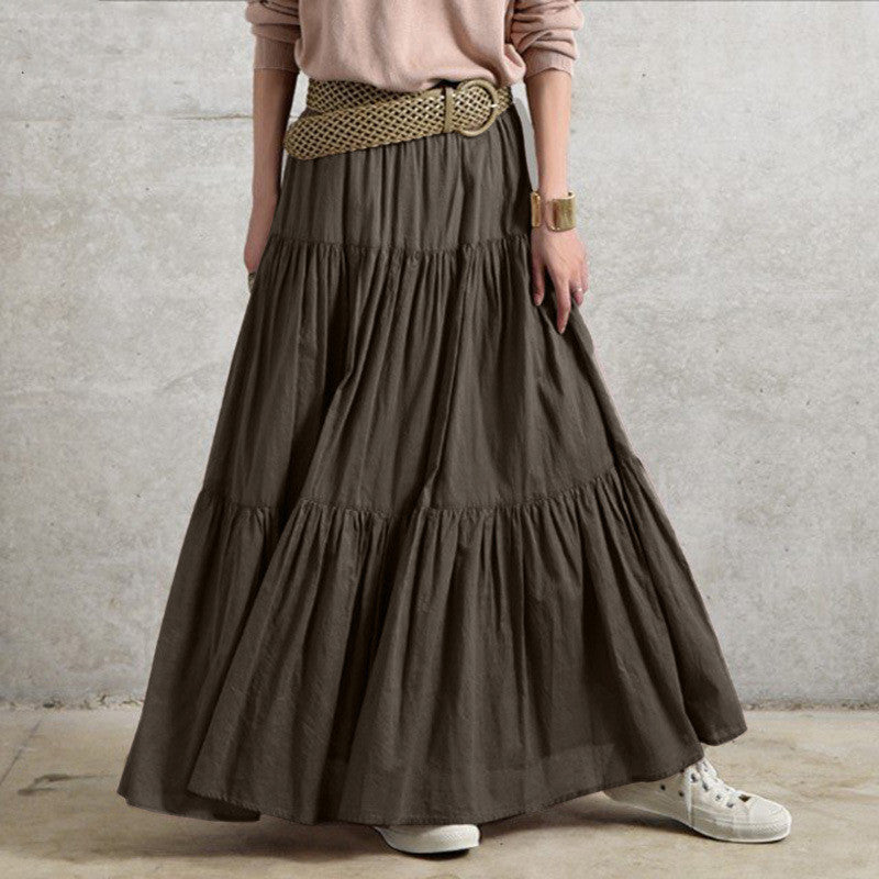 Level Up, Solid Color Pleated Long Loose Cake Skirt, Layered Hem Skirt ( Plus Sizes Available)