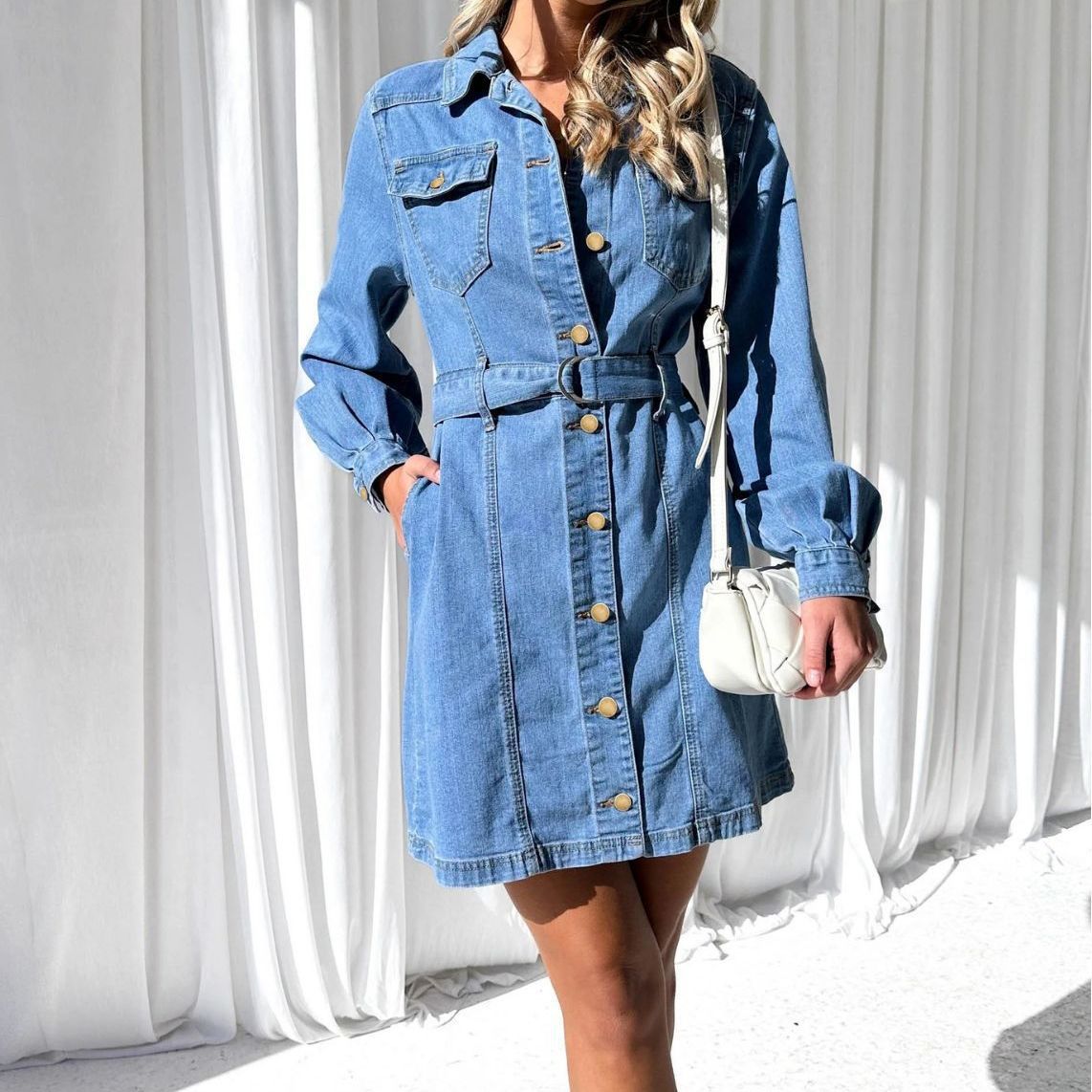 Fashion Casual Button Down Denim Dress for Women