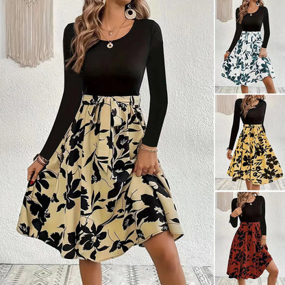 S.A.S, Casual Floral Print Knee Length Long Sleeve Dress, Fashion Round Neck Tie Waist Slim Fit Dress Women&