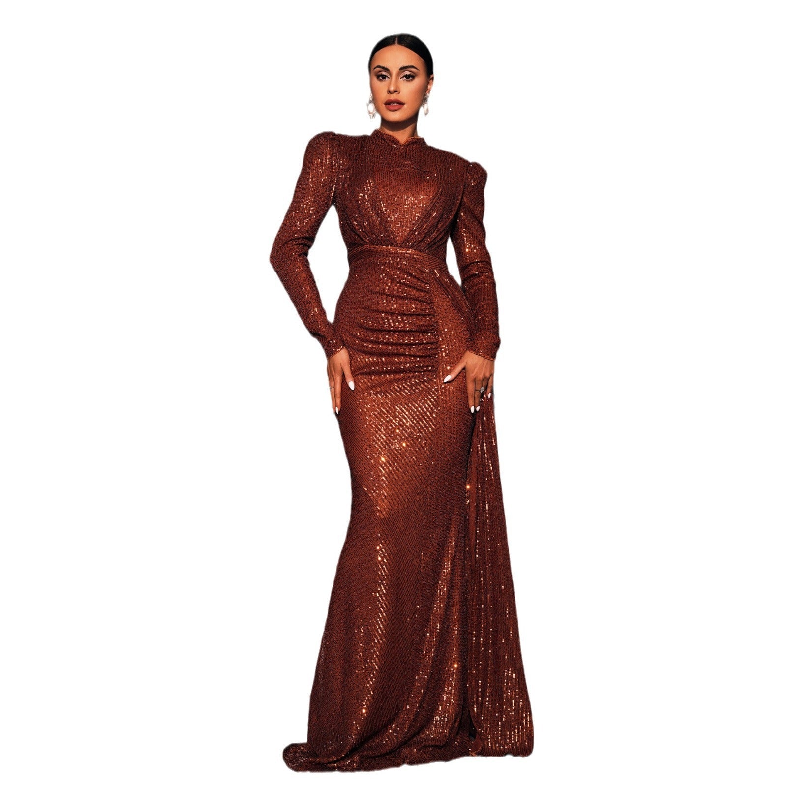 IICIE, Beautiful Winter Long Sleeve Round Neck Sequined Formal Gown