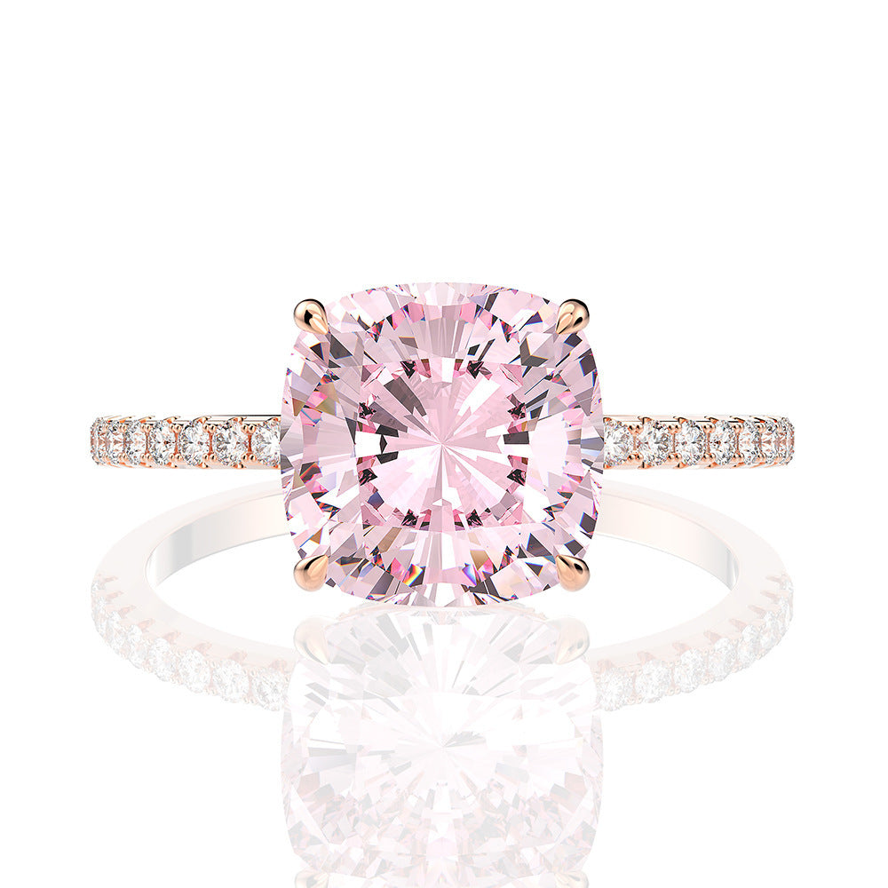 Pink Sunrise, High Carbon Large Cushion Simulate Diamond Ring, Sterling Silver Pink Wedding Ring