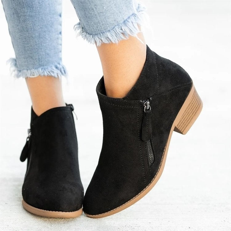 Go West, Suede Style Ankle Boots For Women, Low Heel with Side Zipper