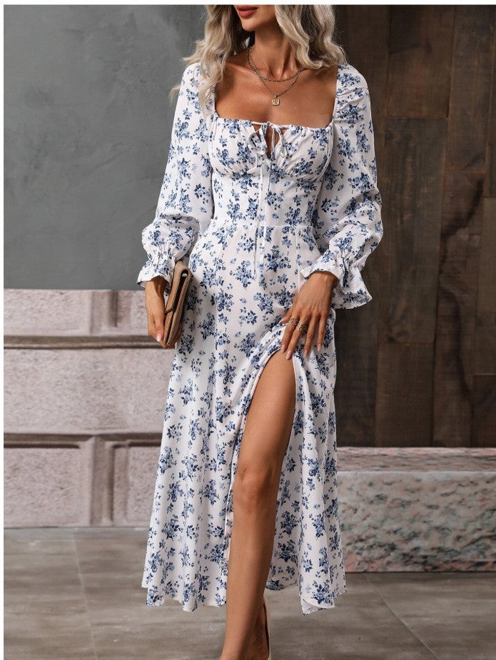 PLATUE, Long Sleeve French Bodice Floral Print Dress, Fashion Square-Neck Women&