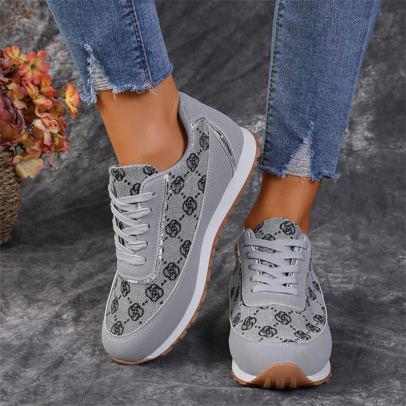 Fashion Plate, Casual Lightweight Printed Lace-up Sneakers, Breathable Fashion Walking Shoes for Women