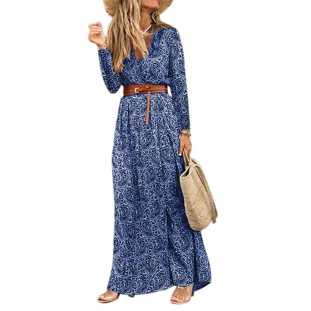 H.A.L.L.O., Long Sleeve V-Neck Boho Floral Dress