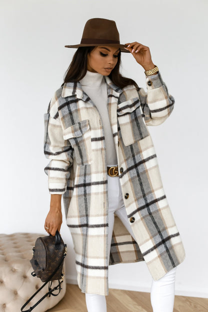 Beau, Lapel Casual Warm Plaid Long Woolen Ladies Coat