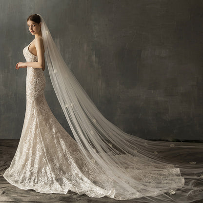 Church Belle,  Long Tulle Veil Dotted with Lovely Pearl Design