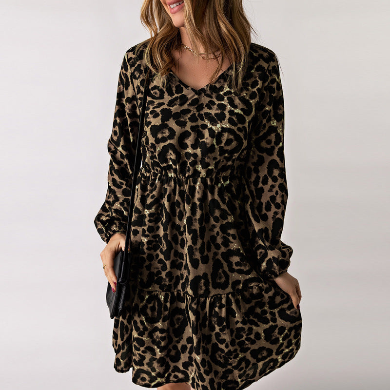 Taki, Leopard Print Long Sleeve Dress Women