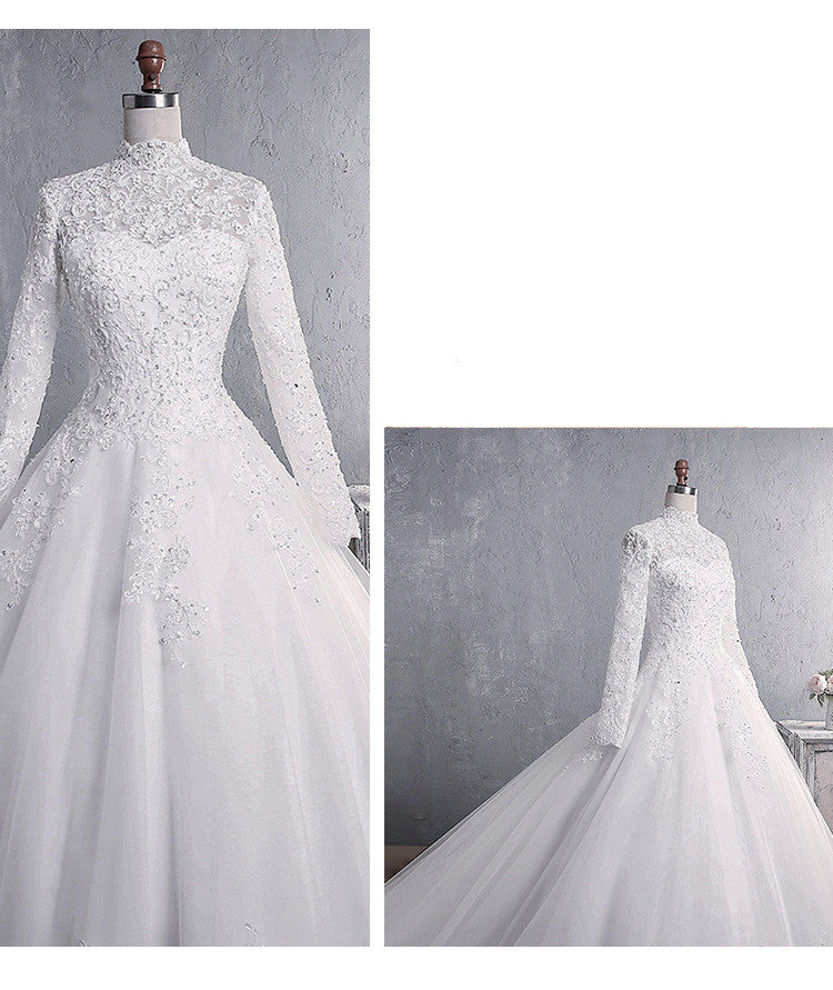 Cherish, Long-Sleeved  Lace Bodice High Collar  Bridal Wedding Dress (Large Size)