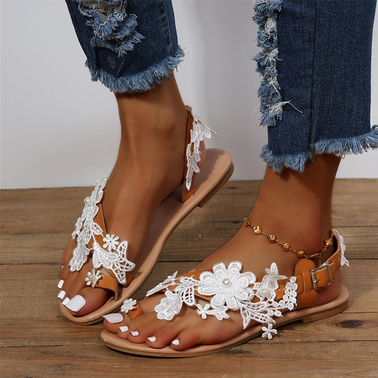 Blossom, Lovely Lace Bohemia Style Flat Sandals with Back Ankle Strap for Women
