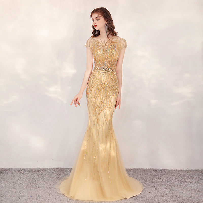 Glory, Fishtail Evening Dress Gold with Modest Train, Host/Event Evening Gown