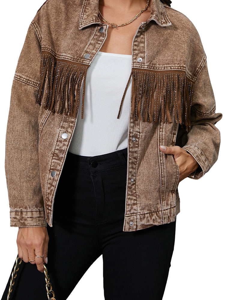 Tassel Lapel Western Denim Jacket  For Women