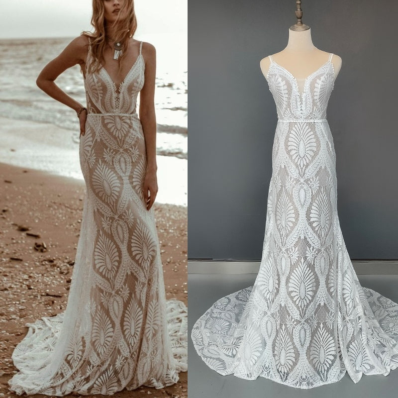 Bohemian Bride, V Neck Lace Boho Spaghetti Strap Backless Beach Bridal Gowns Vestido De Novia Royce Bridal