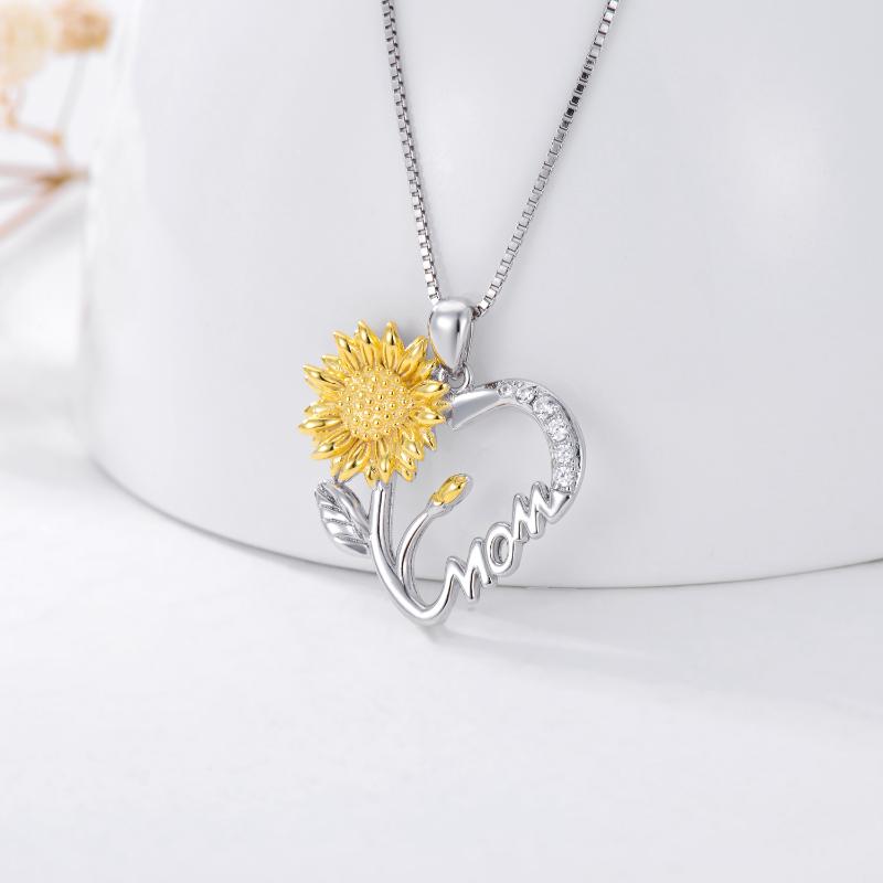 Necklace for Mom, 925 Sterling Silver Sunflower Heart, I Love You Mother Pendant Jewelry Mother&