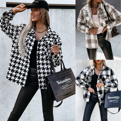 Explosive Net, Autumn And Winter Long-sleeved Houndstooth Printed Woolen Women&