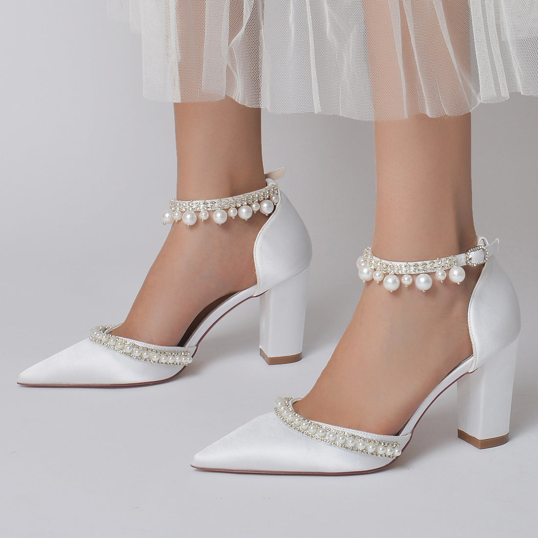 Queen, Sleek Pointed Toe Rhinestone Block Heel Satin Pumps