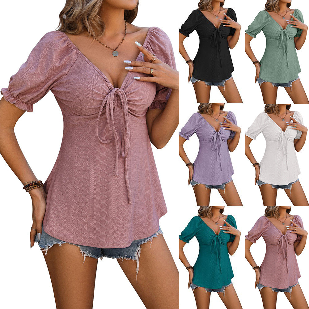 Southern Belle, Ruching Design V-Neck Drawstring Short Sleeved Top, Summer Solid Color Women&