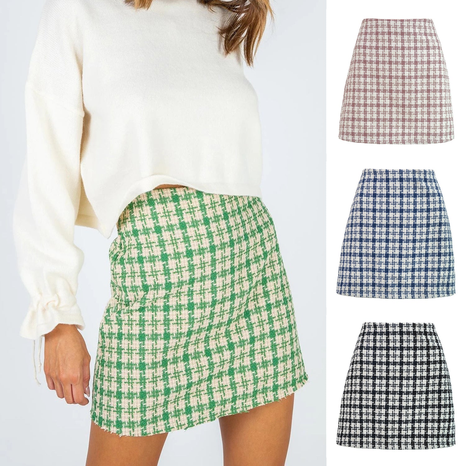 Xiaoxiangfeng, Woolen High-waisted Skirt, Retro Well Grid A-line Skirt for Women